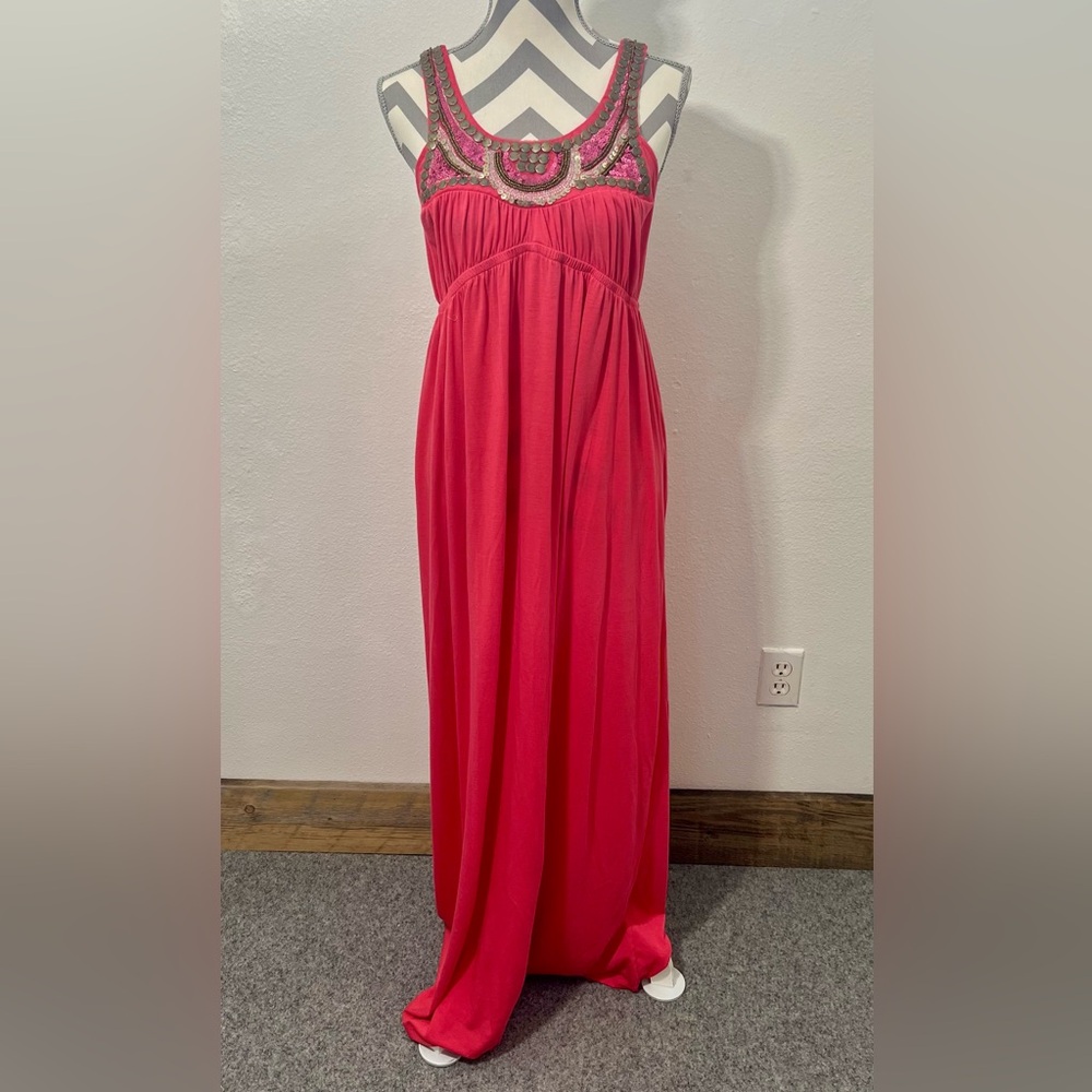 Bailey Blue Vibrant Red Orange Maxi Dress with Embellishment